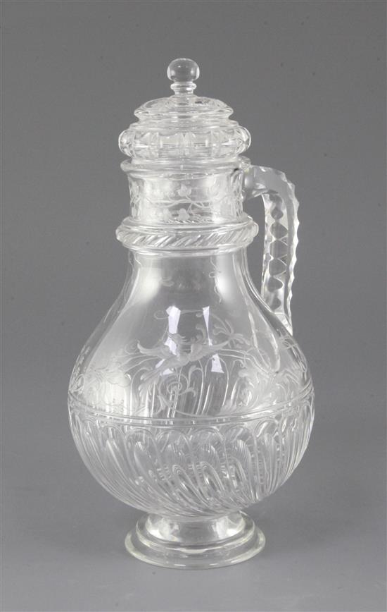 A French cut crystal claret jug and cover, late 19th century, probably Baccarat, height 26.5cm, replacement foot?